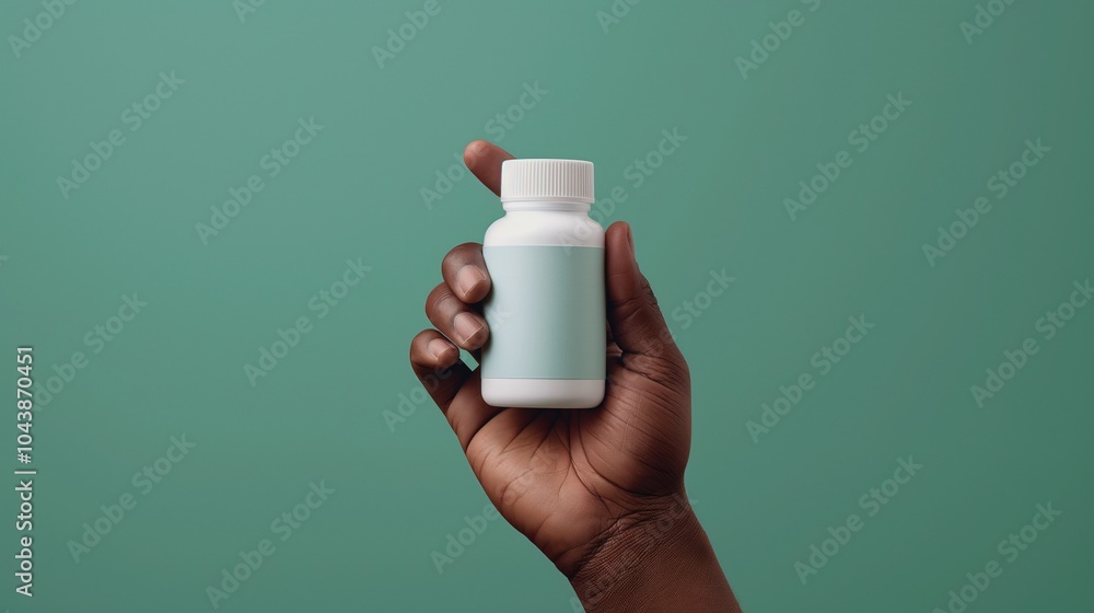 Black hand holding white pill bottle with blank label mockup on green background. Pharmaceutical, health, supplement template advertising image. African american hand mock up product