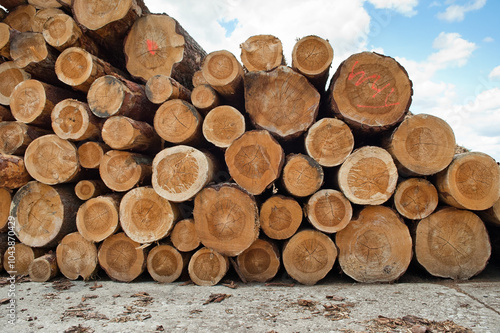 The photo shows a mountain of wooden logs.