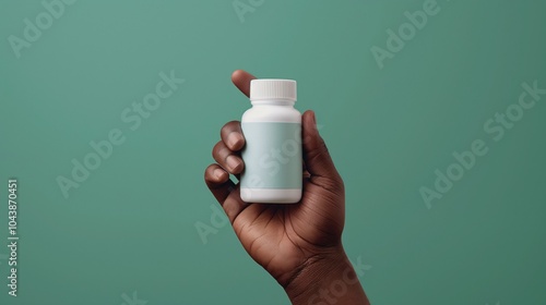 Obraz na płótnie Black hand holding white pill bottle with blank label mockup on green background. Pharmaceutical, health, supplement template advertising image. African american hand mock up product w salonie