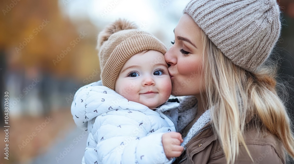 Obraz premium Outdoors in autumn, a mother in warm clothing lovingly kisses her child, sharing a moment of warmth, togetherness, and maternal love while enjoying nature.