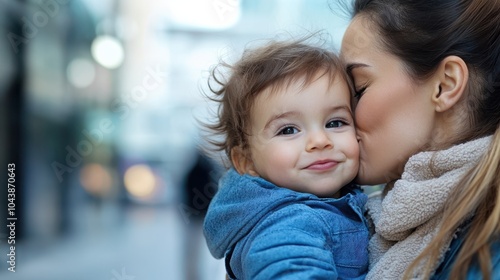 A tender moment where a mother lovingly kisses her smiling young child on the cheek. This captures the essence of familial affection, care, and connection outdoors.
