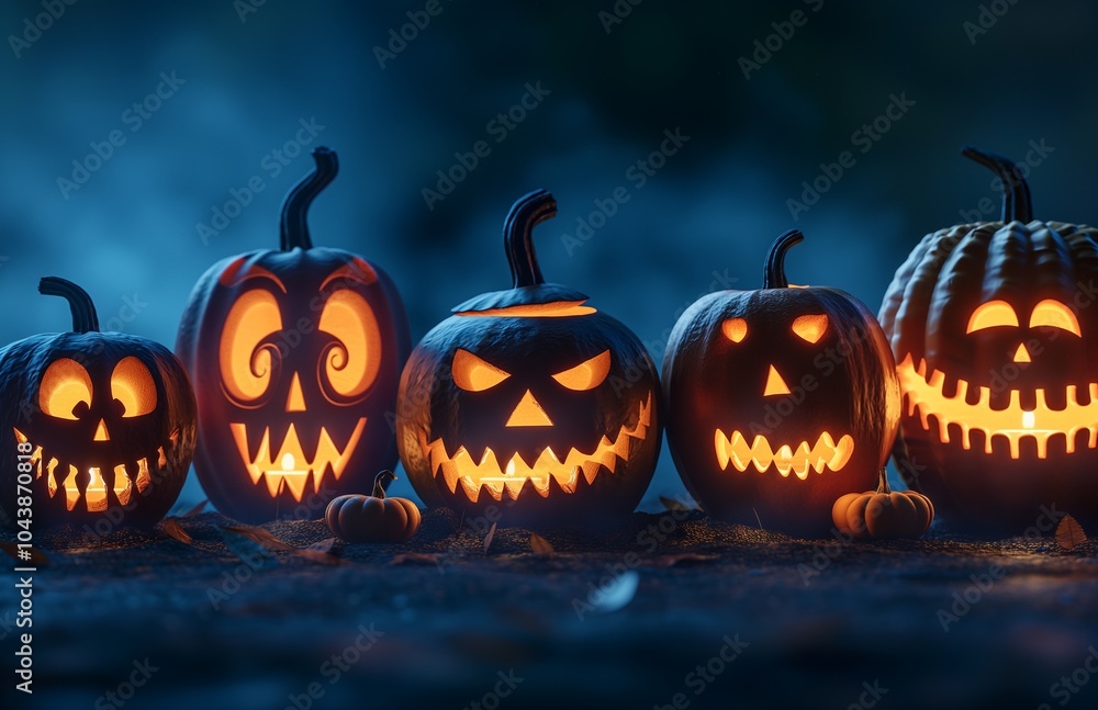 A row of scary and funny pumpkins carved for Halloween party. A row of scary and funny pumpkins carved for Halloween party.