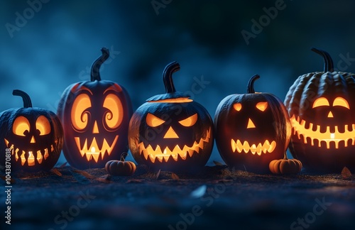 A row of scary and funny pumpkins carved for Halloween party.