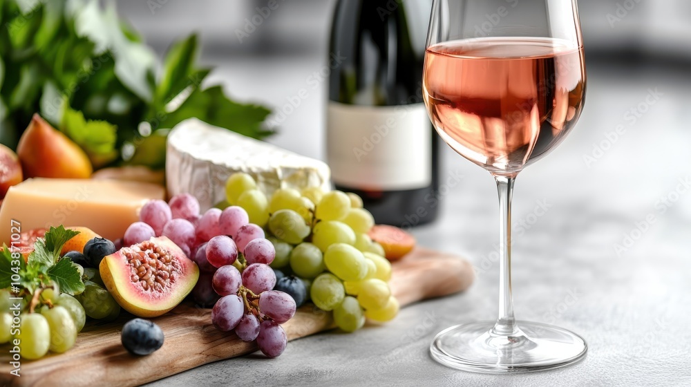 This artistic setup presents wine, a cheese platter, various fresh fruits like grapes and berries, embodying a gourmet dining experience meant for sharing and enjoyment. This artistic setup presents wine, a cheese platter, various fresh fruits like grapes and berries, embodying a gourmet dining experience meant for sharing and enjoyment.