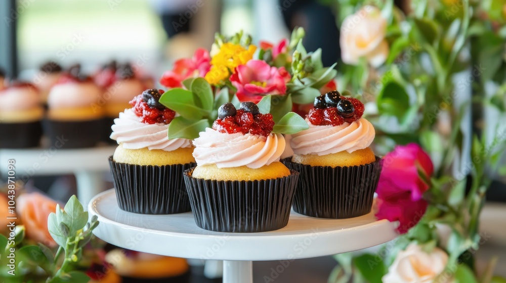 Modern Cupcakes at Charity Event with Floral Decorations Modern Cupcakes at Charity Event with Floral Decorations