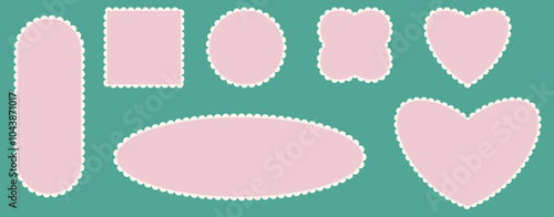 Retro scallop frames with lace borders. Valentines pink heart, square and circle shapes vintage jagged wavy edge forms. Vector design elements set