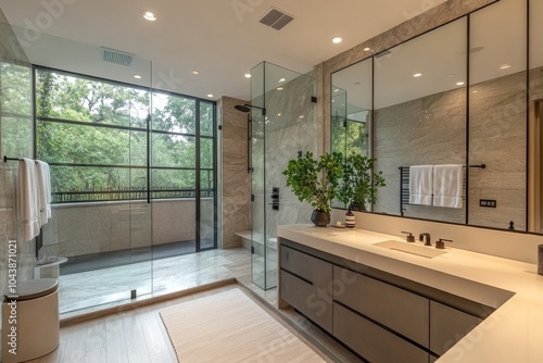 Modern Bathroom Interior Design with Walk in Shower Large Window and Minimalist Vanity