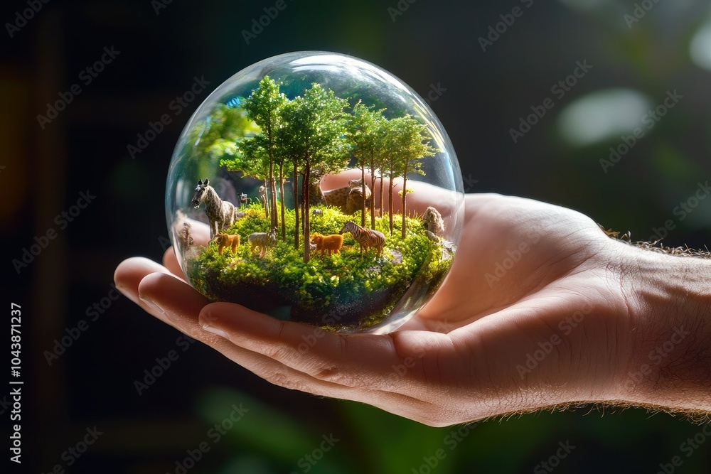 Hand Holding Transparent Globe with Forest Inside Hand Holding Transparent Globe with Forest Inside