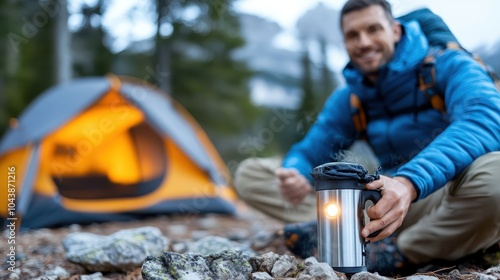 A joyful camper in a blue jacket sits by a softly lit tent at a tranquil campsite, enjoying the serene wilderness, evoking peace, relaxation, and connection with nature. photo