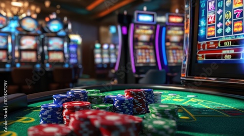 slot machine casino games and gambling chips 3d render banner photo