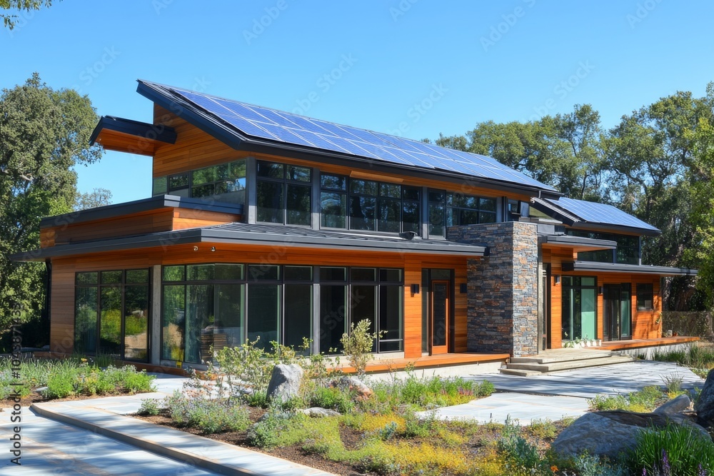 Modern Sustainable Home with Solar Panels and Stone Patio