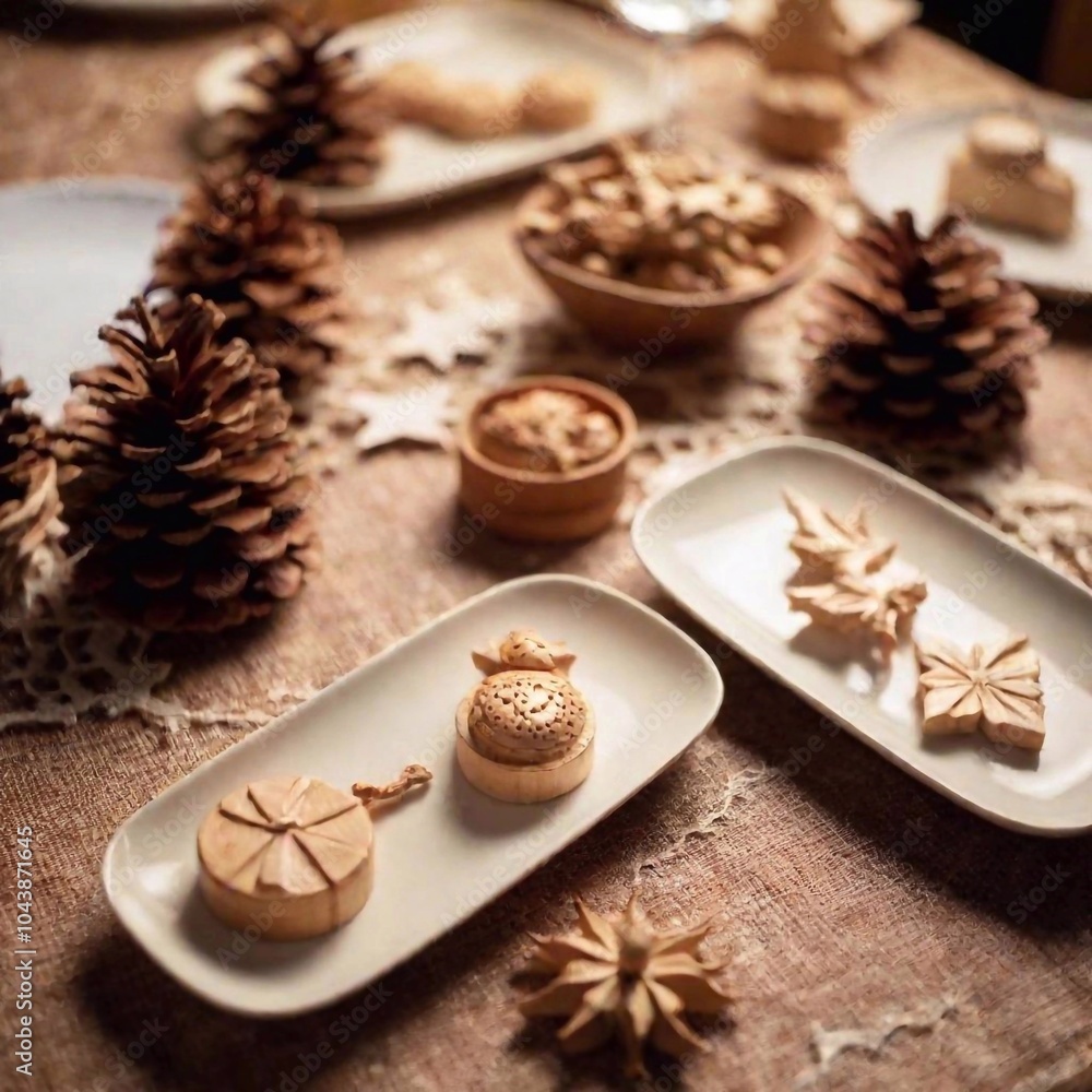 An extreme macro flatlay of Polish Christmas Eve table settings, focusing on the small details of festive decorations like hand-carved nativity figures, intricate table centerpieces, and delicate An extreme macro flatlay of Polish Christmas Eve table settings, focusing on the small details of festive decorations like hand-carved nativity figures, intricate table centerpieces, and delicate