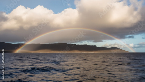 Serene Landscape A Horizontal Photograph of Ocean Waves Reflecting Sunlight, Rugged Hills on the Horizon, and a Vibrant Circular Rainbow Halo Against a Partly Cloudy Sky photo