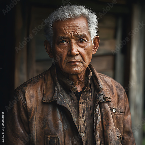 A highly detailed portrait of an elderly man with gray hair, wearing worn leather jacket, exuding sense of wisdom and experience. His expression reflects deep emotions and stories of life well lived photo