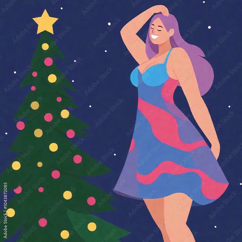 beautiful girl in a purple hat with a tree on a background with stars. beautiful girl in a purple hat with a tree on a background with stars.