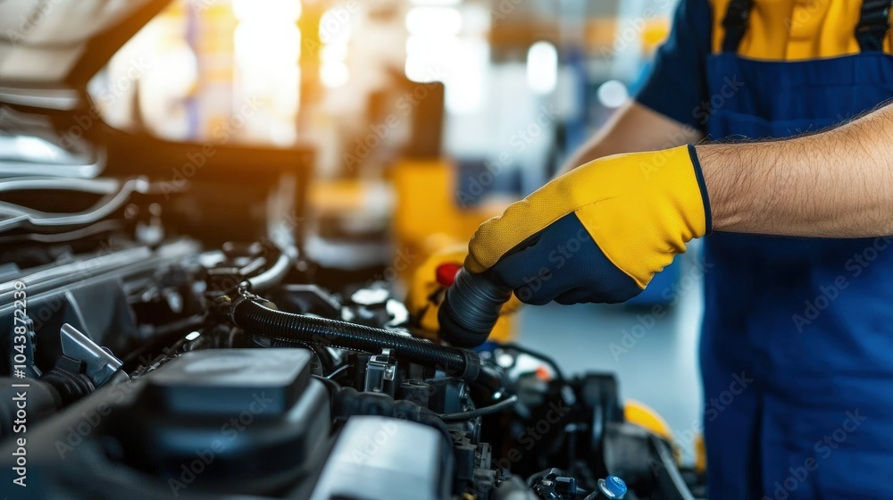 Mechanic Replacing Radiator Hoses in Bright Workshop Mechanic Replacing Radiator Hoses in Bright Workshop