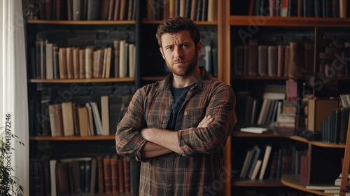 Man Posing in Front of a Bookcase with Books