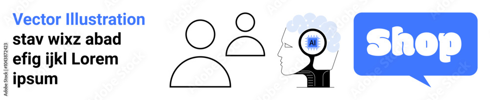 Two user icons, human head with brain, magnifying glass, and shop bubble. Ideal for online shopping, user interaction, digital communication, brain function, marketing strategies. Banner for landing Two user icons, human head with brain, magnifying glass, and shop bubble. Ideal for online shopping, user interaction, digital communication, brain function, marketing strategies. Banner for landing