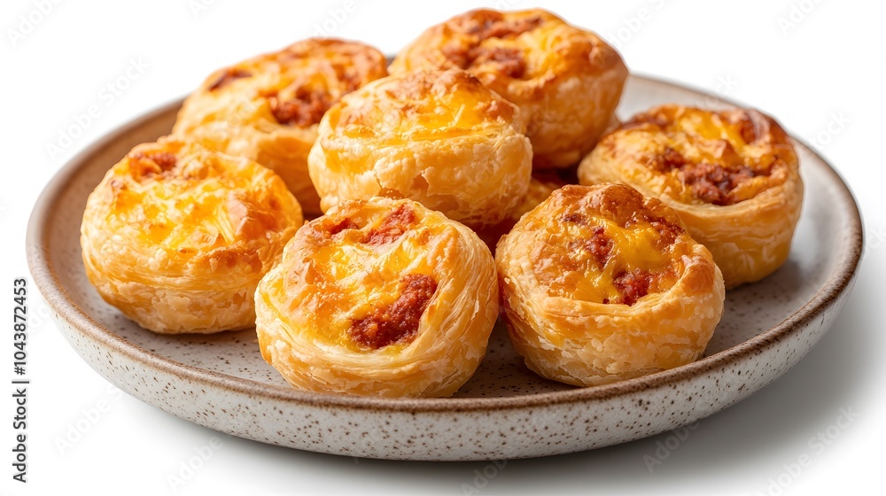 Golden savory cheese and tomato puff pastries on a speckled plate Golden savory cheese and tomato puff pastries on a speckled plate