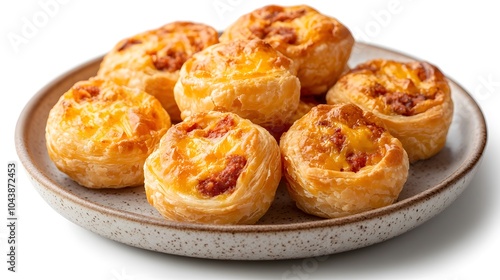 Golden savory cheese and tomato puff pastries on a speckled plate