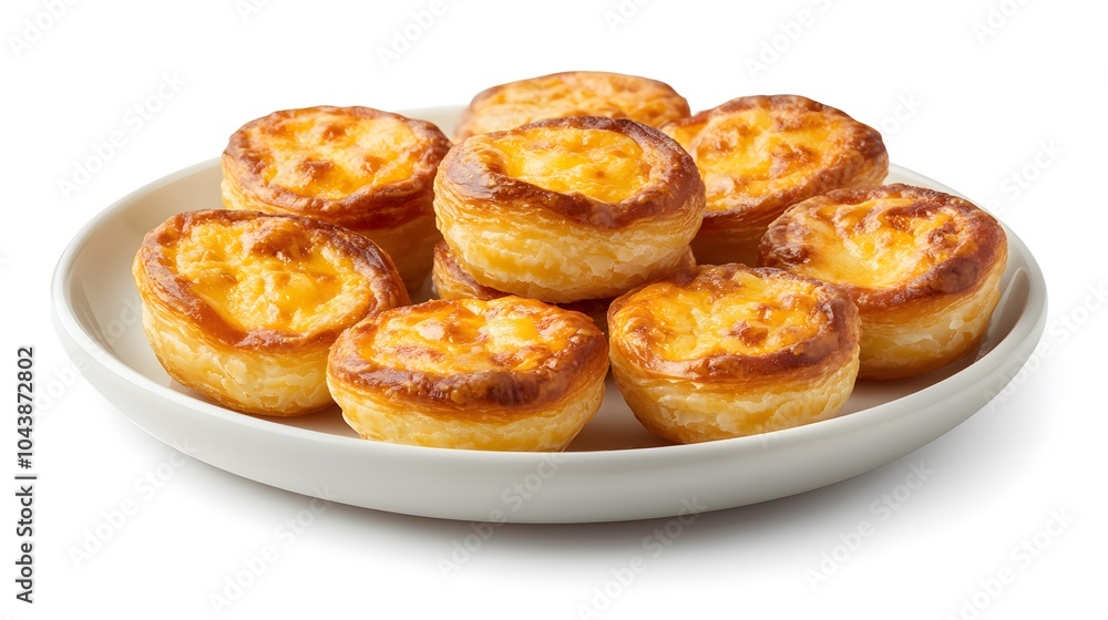 Delicious traditional portuguese egg tarts on white plate Delicious traditional portuguese egg tarts on white plate