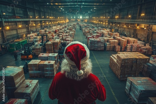 Santa Claus Standing In Warehouse Filled With Christmas Presents