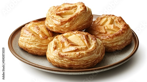 Delicious golden brown apple danish pastries on ceramic plate