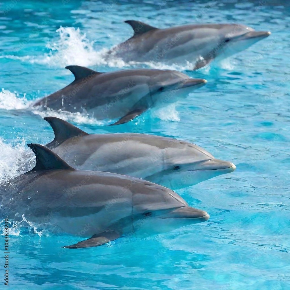 Fototapeta premium A medium shot, ultra-realistic photo of a group of dolphins swimming in formation, with deep focus capturing the dynamic energy and coordinated movement as they cut through the water.