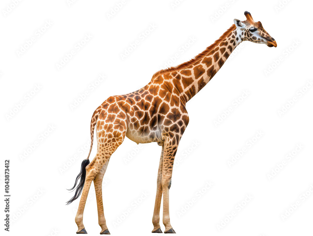 Obraz premium A majestic giraffe stands gracefully, showcasing its unique spotted coat against a white background.