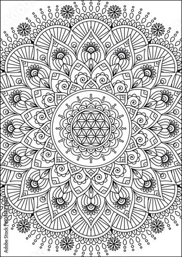Coloring book page. Colorless pattern with abstract elements. Mandala and floral elements.
