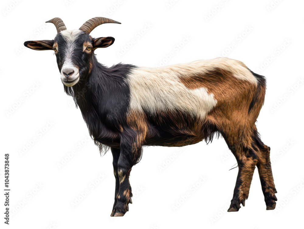 Portrait of a black and brown goat with striking horns, standing against a white background. Portrait of a black and brown goat with striking horns, standing against a white background.