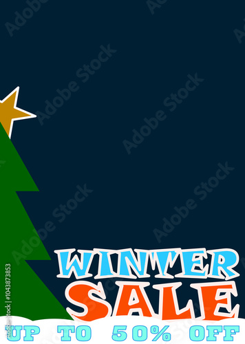 Banner, winter sale up to fifty percent, dark blue background, in vertical and copy space.