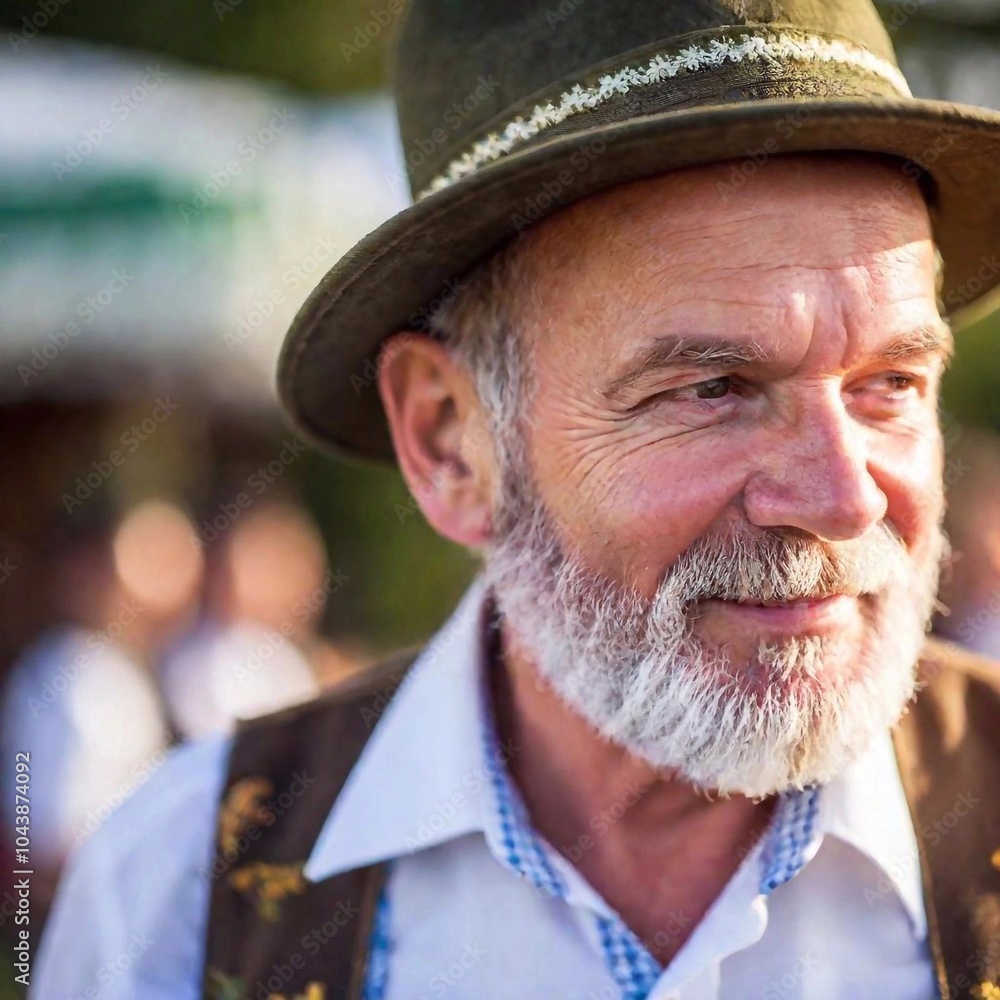 portrait of smiling senior man in hat standing in front of camera. oktoberfest. portrait of smiling senior man in hat standing in front of camera. oktoberfest.