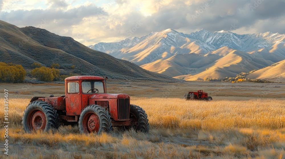 Naklejka premium Vintage tractors in a scenic mountain landscape.