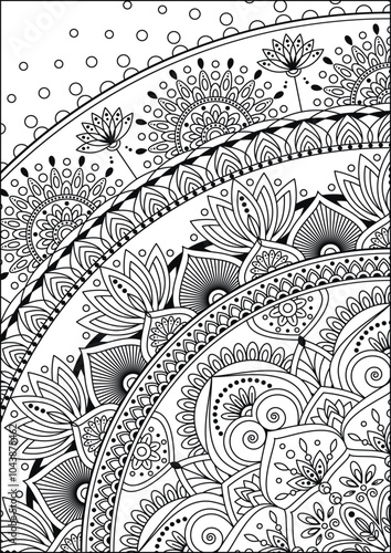 Coloring book page. Colorless pattern with abstract elements. Mandala and floral elements.