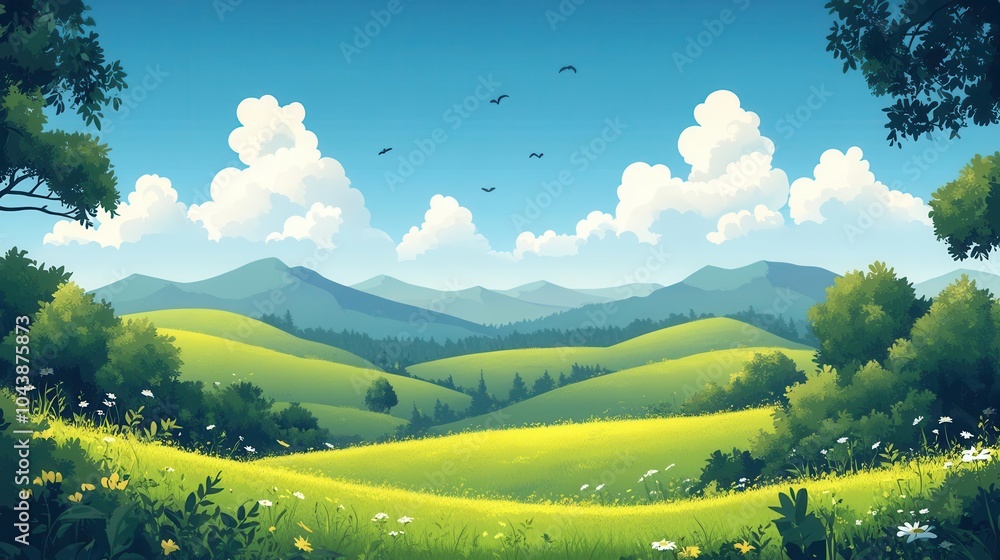 idyllic summer landscape featuring rolling hills adorned with lush green grass and a brilliant blue sky dotted with white fluffy clouds presented in a flat cartoon style illustration