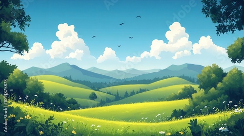 Obraz na płótnie idyllic summer landscape featuring rolling hills adorned with lush green grass and a brilliant blue sky dotted with white fluffy clouds presented in a flat cartoon style illustration w salonie
