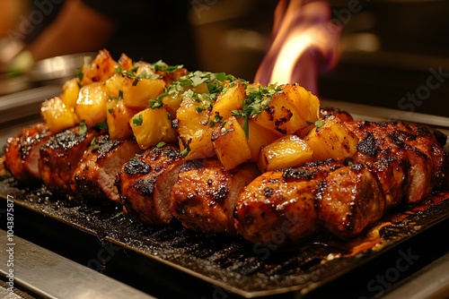 Fototapeta Naklejka Na Ścianę i Meble -  Grilled Pork Tenderloin with Pineapple and Flambéed with Rum