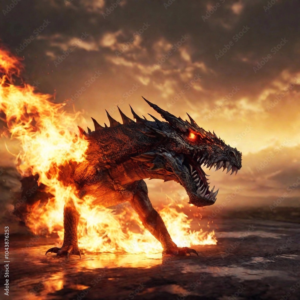 A full shot painting of a dragon breathing fire in a dramatic battle scene, captured at eye level. The shallow focus highlights the intense flames and the dragon's powerful stance, with the A full shot painting of a dragon breathing fire in a dramatic battle scene, captured at eye level. The shallow focus highlights the intense flames and the dragon's powerful stance, with the