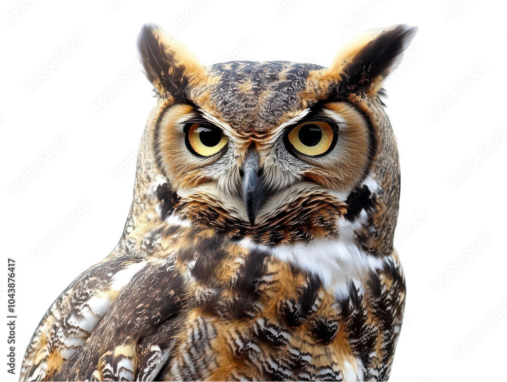A majestic great horned owl with striking yellow eyes and detailed plumage. A majestic great horned owl with striking yellow eyes and detailed plumage.