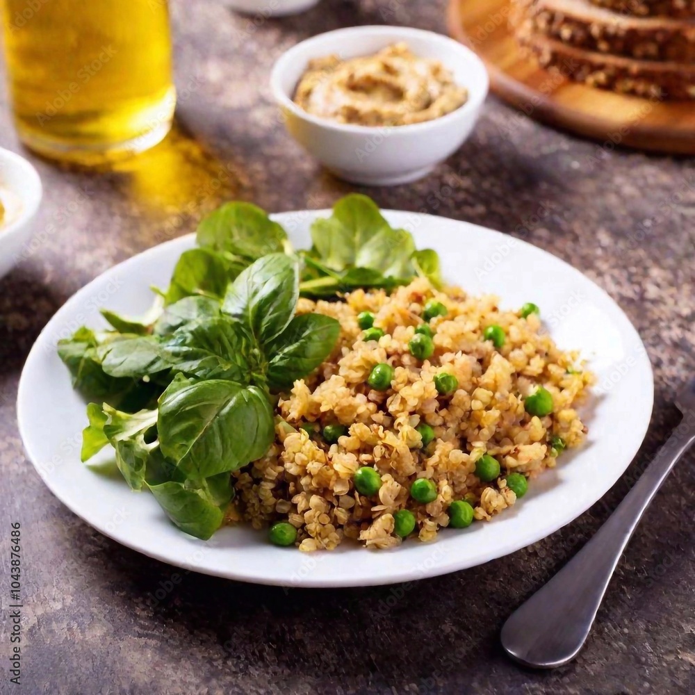 A well-rounded breakfast plate with a quinoa and vegetable salad, a slice of multigrain bread with almond butter, and a glass of green tea A well-rounded breakfast plate with a quinoa and vegetable salad, a slice of multigrain bread with almond butter, and a glass of green tea