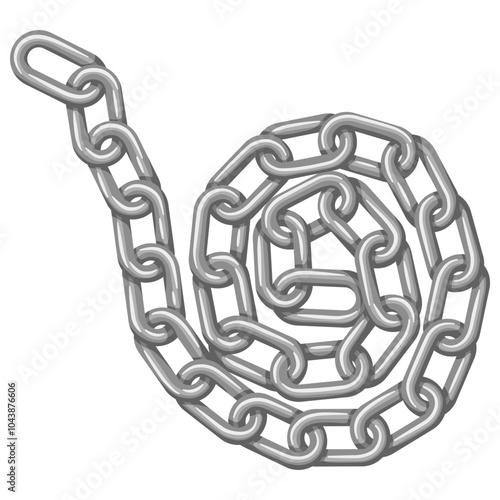 Iron chain concept with interconnected metallic links forming a spiral pattern. Ideal for themes of strength, unity, security, continuity, and connection. Appealing, industrial style