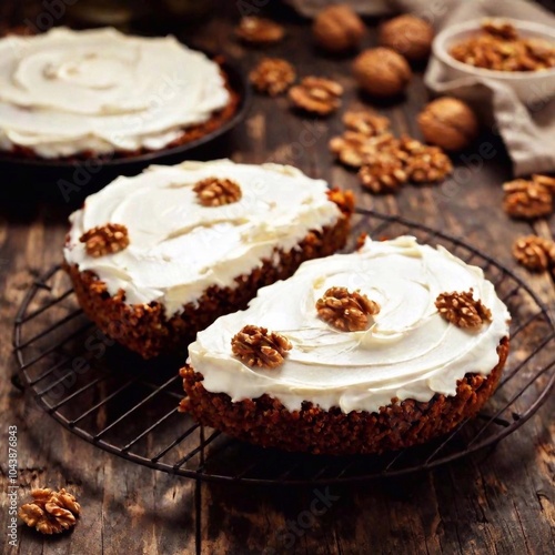 Wallpaper Mural A rustic carrot cake with cream cheese frosting and walnut pieces in sharp focus, while the kitchen setting and background softly blur, emphasizing the homemade, comforting feel of the cake Torontodigital.ca