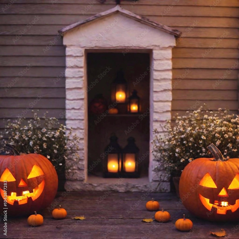 Obraz premium Halloween house decorations outside with candles and pumpkins