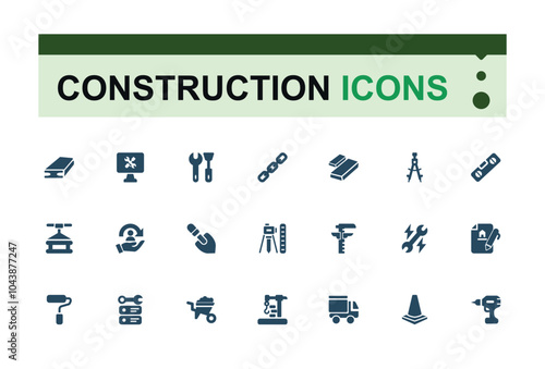 Construction tools solid icons collection. Perfect for filled UI designs featuring builder, construction, toolbo, tools, construction tools, and more. Set of filled pictogram. Editable stroke.
