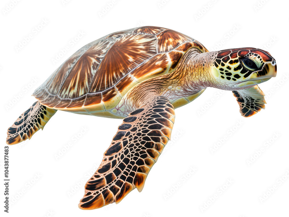 Fototapeta premium A vibrant green sea turtle swims gracefully in clear waters, showcasing its intricate shell pattern.