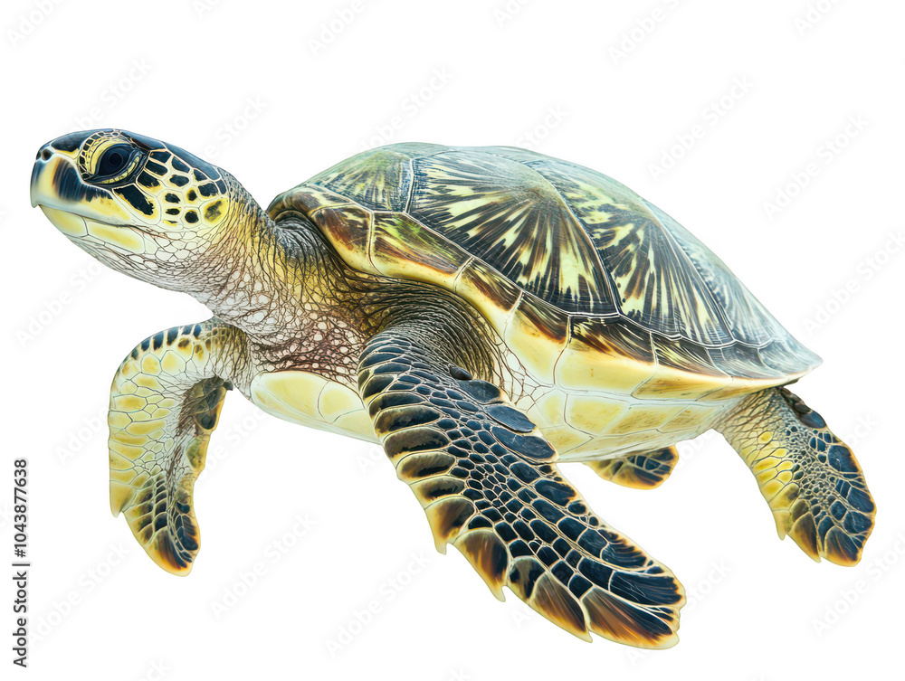 Fototapeta premium Majestic sea turtle gliding gracefully, highlighting its detailed shell and fins.