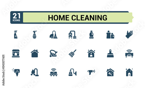 Home Cleaning solid web icon set. Perfect for UI designs featuring housework, hygiene, home cleaning, cleaning product, cleaning, house cleaning and more. Vector illustration in modern filled style.