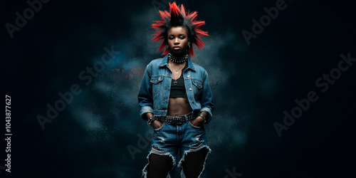 Runk Rock Black Girl, Edgey Woman, Beauty, Tough, Leather Jacket, Spiked Red Hair, Style Graphic photo