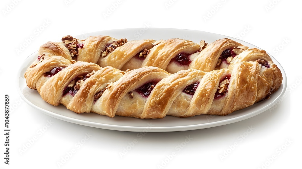 Delicious freshly baked danish pastry with nuts and cherry filling on white plate Delicious freshly baked danish pastry with nuts and cherry filling on white plate